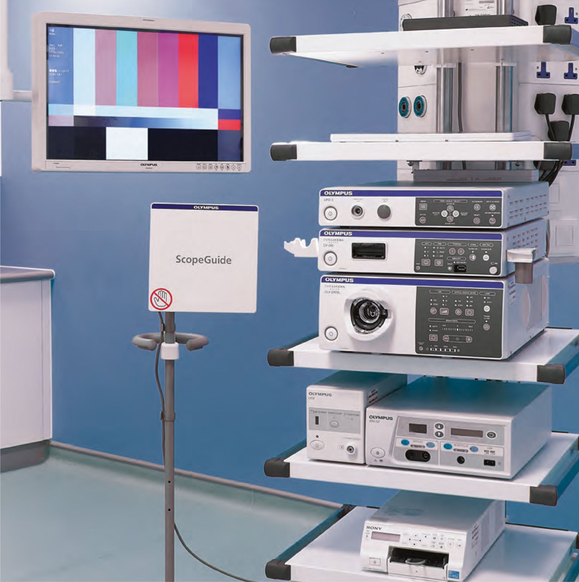 Endoscopy processor, light source and medical monitor mounted in the procedure room