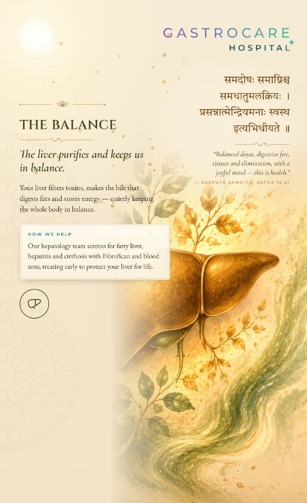 GastroCare Hospital artwork titled The Balance, showing a golden liver with delicate foliage above a stream of green-gold water